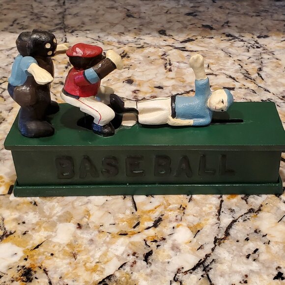 Cast Iron Baseball Mechnical Coin Bank VTG 'SAFE Base Slide ' Collectible VIDEO - Picture 1 of 10